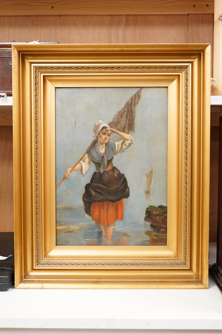 19th century, Naive school, Full length study of a fisherwoman, unsigned, oil on canvas, 40 x 28cm, gilt framed